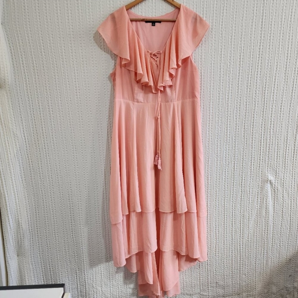 torrid | Apricot Lace Up High Low Ruffle Tier Layered Midi Dress - Picture 5 of 16